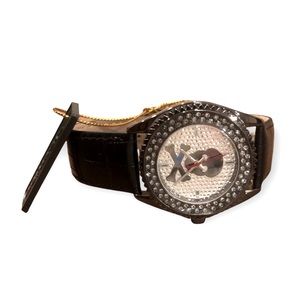 Stainless and Leather Skull Watch